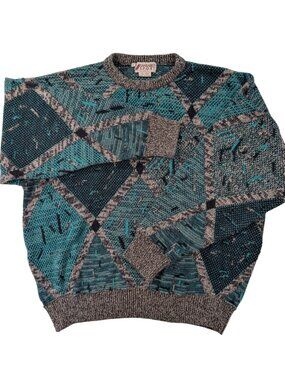 Vtg Abstract Geometric Knit Crewneck Sweater XL‎ Turquoise Gray Retro 80s 90s